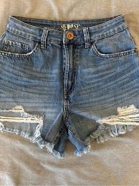 Distressed High-Rise Denim Shorts - Blue